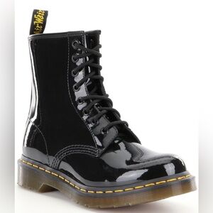 Dr. Martens Patent Glossy Shiny Black Boots with Yellow Stitching
